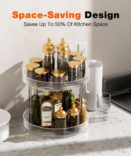 Vista 4 de Bandeja de almacenamiento giratoria transparente de 360°, organizador de encimera de baño Lazy Susan de 2 niveles, organizador de cosméticos