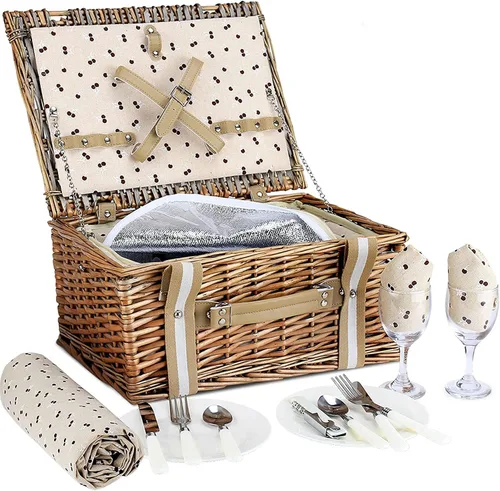 Vista 4 de Willow - Juego de cestas de picnic para 2 personas con bolsa térmica grande aislada y manta de picnic impermeable, cesta de picnic de mimbre
