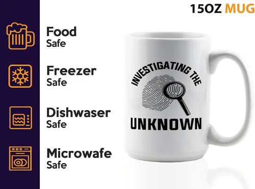 Vista 4 de Taza de café de detective de 15 onzas, color blanco - Investigando lo desconocido - oficial de policía policía patrulla detective sheriff aplicación