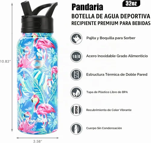 Vista 3 de Insulated Water Bottle 32oz, Stainless Steel Water Bottle with Straw & Spout Lids & Paracord Handle Flamenco