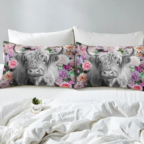 Vista 5 de Erosebridal Highland Cow - Juego de sábanas de tamaño individual con diseño de rosas para niños, niñas, adolescentes, adultos, animales salvajes