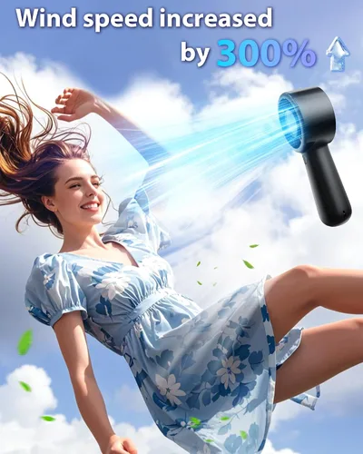 Vista 2 de Ventilador de mano portátil, pequeño ventilador de mano turbo personal, potente, refrescante, cordón, recargable por USB, 5 velocidades, maquillaje