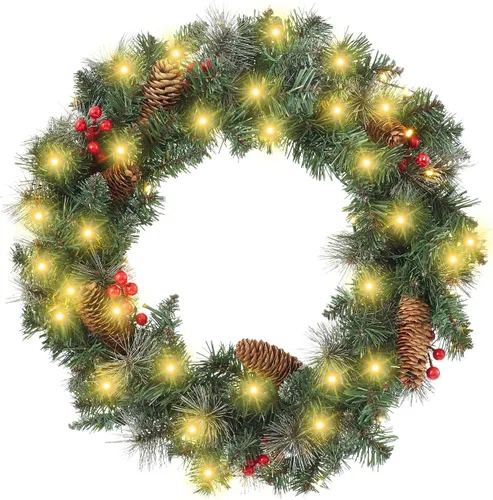 Vista 12 de Casafield Corona de Navidad artificial de abeto de 24 pulgadas, decoración navideña, 200 puntas de PVC para puerta delantera, ventana o mantel