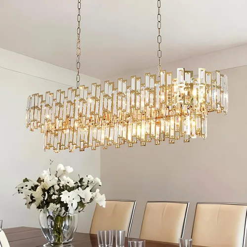 Vista 10 de L37.4 '' Candelabros de cristal modernos para comedor 11 luces de lujo rectangular de lujo dorado ovalado cristal colgante lámpara de techo