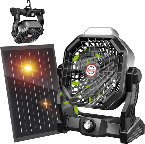 Vista 10 de JINLICTE Ventilador solar de 10400mAh con linterna LED, ventilador de camping con panel solar, ventilador solar recargable de 7W para exteriores