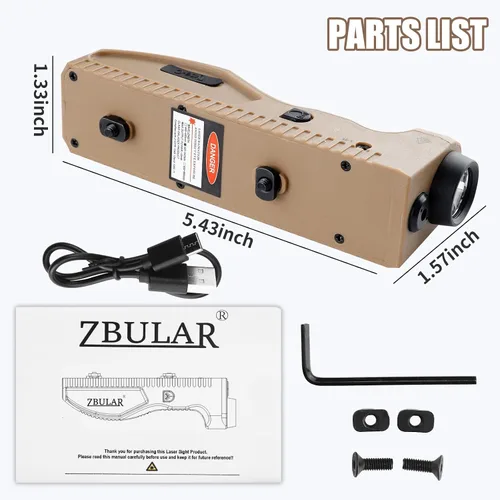 Vista 5 de Linterna táctica ZBULAR de 1650 lúmenes, equipada con láser verde y luces LED blancas, recargable por USB-C, función estroboscópica, salida