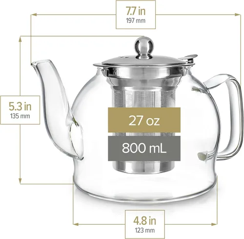 Vista 5 de Teabloom Dublin - Tetera de vidrio de borosilicato de primera calidad con infusor inoxidable extraíble, apta para estufa, ideal para té de hojas