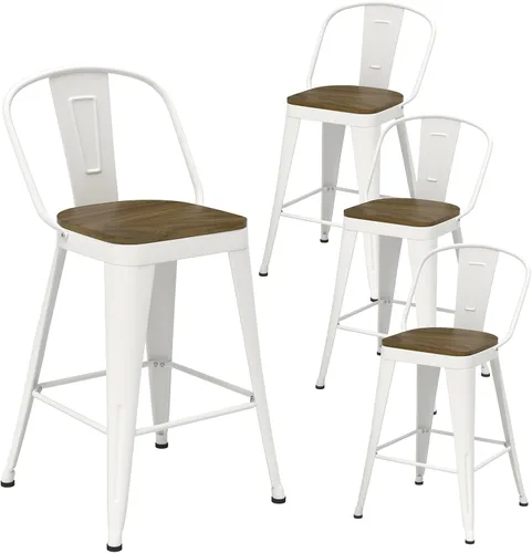 Vista 15 de Juego de 4 taburetes de bar de metal, taburetes de bar con respaldo alto con asiento de madera, taburetes de bar negros de 24 pulgadas para isla