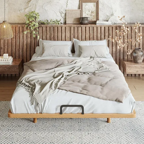 Vista 2 de Bellemave Marco de cama de plataforma de tamaño matrimonial, cama flotante de bambú sólido con soporte de listones de madera para dormitorio Natural