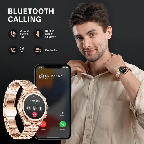 Vista 4 de Reloj inteligente de lujo de alta gama para hombres, esfera giratoria (bisel de corte de hacha) smartwatch, pantalla AMOLED de 1.32 pulgadas Dorado