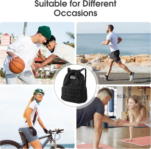 Vista 6 de G4Free Mochila con cordón para gimnasio, bolsa de baloncesto de fútbol con compartimento para zapatos, bolsa deportiva táctica, Negro -, Classic
