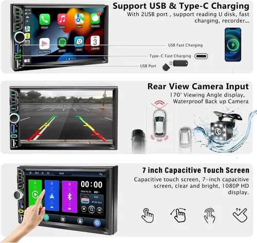 Vista 5 de Estéreo de coche doble DIN de 7 pulgadas compatible con Apple Carplay Android Auto inalámbrico Bluetooth 5.2 Salidas de 180 W Subwoofer FM