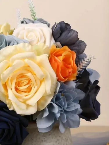 Vista 4 de Caja de flores artificiales azul marino, rosas de dalias de seda con tallos para manualidades, ramos de boda, centros de mesa, arreglos, decoración