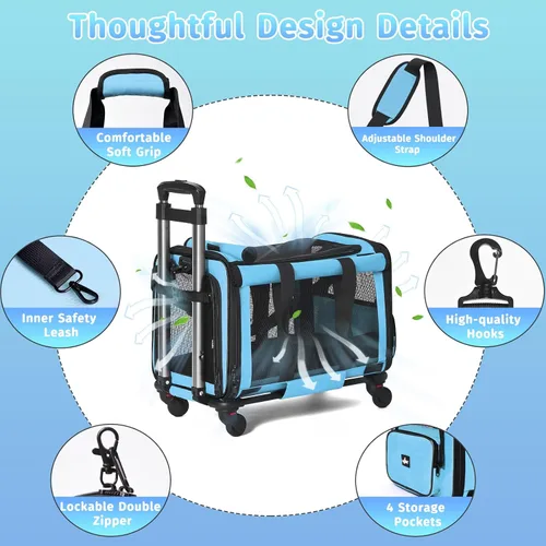 Vista 5 de Paw Ballet Transportador de mascotas con ruedas, jaula duradera para gatos aprobada por aerolíneas, transportador plegable para perros, bolsa
