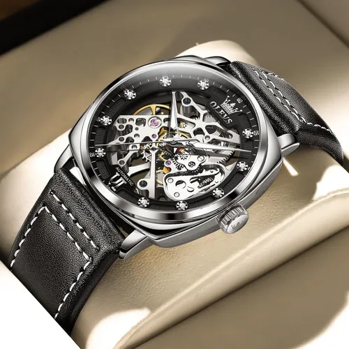 Vista 2 de OUPINKE Relojes automáticos de esqueleto para hombre, mecánica, cuerda automática, correa de cuero elegante, estilo steampunk, luminoso
