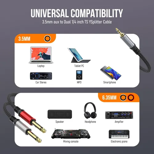 Vista 2 de Adaptador de cable de audio estéreo 1/8 a dual 1/4 TS mono Y Splitter compatible con iPhone, PC, tarjeta de sonido de computadora, mezclador