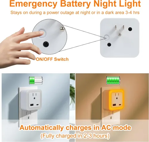 Vista 5 de JackonLux Luces nocturnas enchufables a la pared, paquete de 2 luces de reserva con batería recargable, sensor de atardecer a amanecer, luz nocturna
