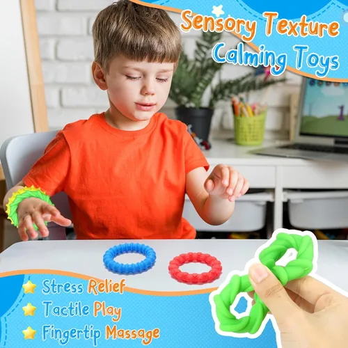Vista 4 de Pulsera de textura sensorial de juguetes para la ansiedad: paquete de 4 juguetes táctiles elásticos para niños y adultos, artículo silencioso