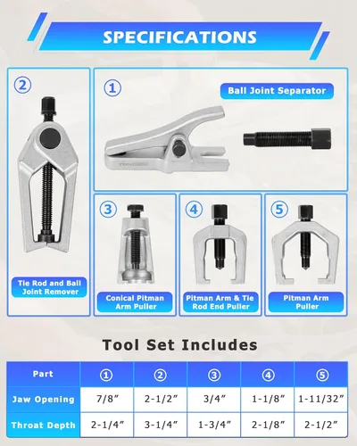 Vista 2 de DAYUAN Kit de herramientas de servicio frontal profesional, 5 piezas, color azul, extractor de brazo Pitman, separador de rótula, herramienta