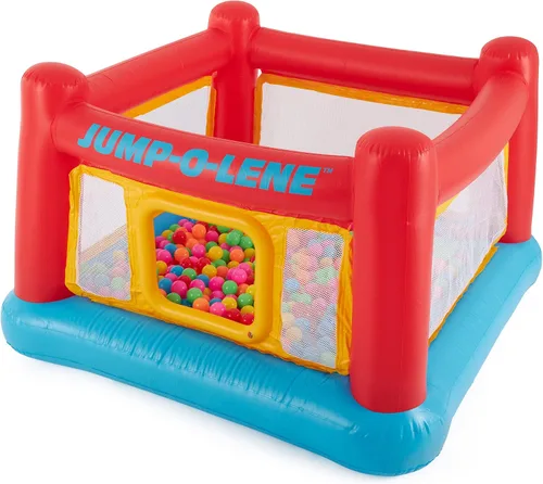 Vista 4 de Intex Jump-O-Lene - Casa inflable de rebote para cama elástica con puerta de arrastre y pequeña bola de plástico multicolor divertida para hoyo