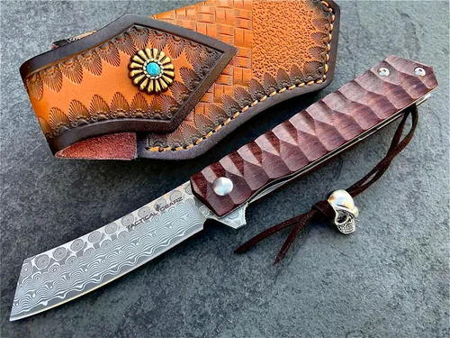 Vista 7 de TACTICAL GEARZ Navaja de bolsillo de Damasco para EDC, mango de palisandro, hoja recta de damasco con 67 capas y un núcleo VG10 (Rogue XS)