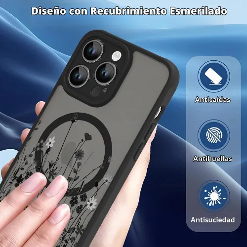 Vista 2 de OOK Funda magnética para iPhone 13 Pro Max [compatible con MagSafe] Funda delgada translúcida mate con flor silvestre negra, protección para lente