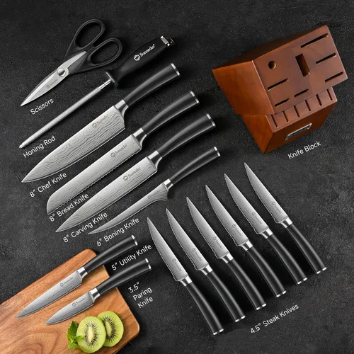 Vista 5 de Sunnecko Juego de cuchillos con bloque y afilador, juego de bloque de cuchillos de cocina de 15 piezas, cuchillos de cocina afilados, acero Negro