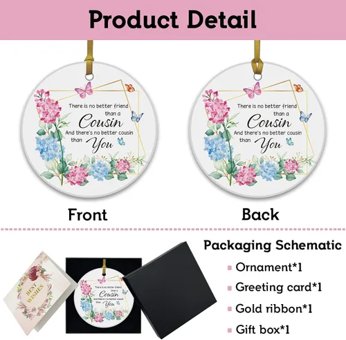 Vista 2 de REWIDPARTY Adorno floral de primo, placa de recuerdo para árbol de Navidad, regalo de graduación, cumpleaños, para mujeres y hombres, adorno