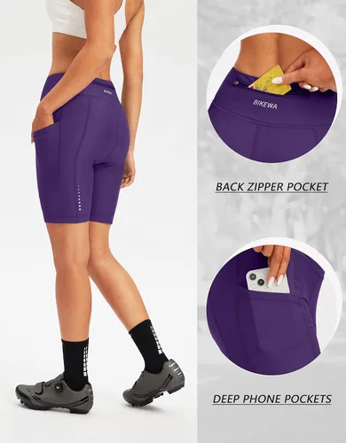 Vista 3 de Bikewa Pantalones cortos de bicicleta para mujer, acolchados 4D, pantalones cortos de ciclismo de carretera, para mujer, con bolsillos con cremallera