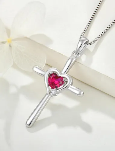 Vista 5 de Collar de cruz de plata de ley 925 con colgante religioso de crucifijo y piedra natal de corazón
