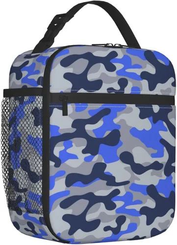 Vista 2 de Bolsas de almuerzo aisladas de camuflaje azul para hombres, mujeres, niños y niñas, lonchera reutilizable para el trabajo, oficina, viajes, caja