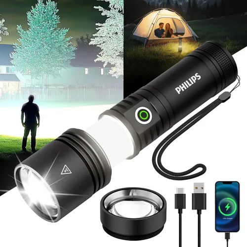 Vista 9 de Linternas Philips recargables de alto lúmenes con lente de encendido, linternas tácticas de 2500 lm con lámpara de camping, linterna LED de 2