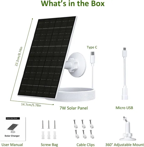 Vista 2 de Zivif Panel solar para cámara Arlo, cargador solar de 7 W compatible con Essential 2K (2ª generación), cámaras Essential XL y Spotlight, IP66