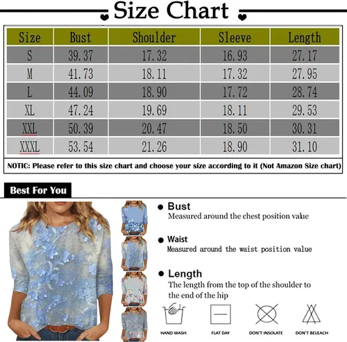 Vista 5 de Blusa para mujer, manga 34, cuello redondo, manga 34, camisas de manga 34 para mujer, lindas camisetas gráficas con estampado de flores