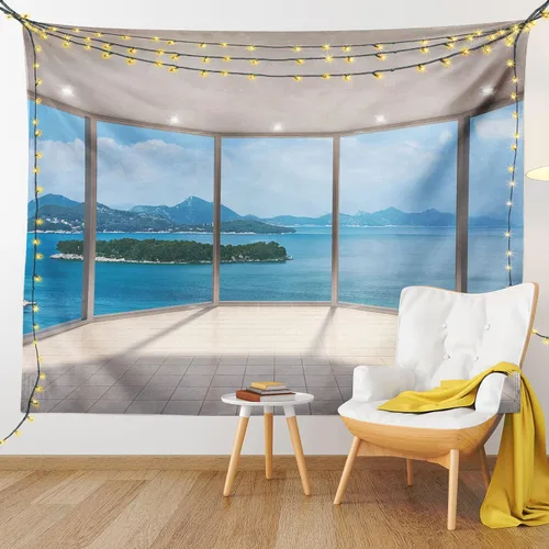 Vista 9 de Ambesonne Tapiz moderno, sala de estar vacía, ventana grande y vista al mar, arquitectura contemporánea, colgante de pared ancho para dormitorio