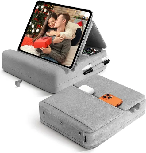 Vista 9 de Soporte de almohada para tablet con almacenamiento, soporte plegable para iPad para Lep, cama, sofá y escritorio, base suave con bolsillo y soporte