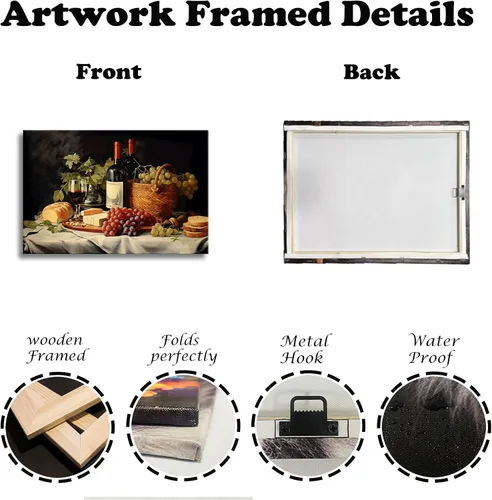 Vista 6 de OAAPITI Cuadros de Cocina Decoración de Pared Acuarela Vino Uva Pan Impresión en Lienzo Pinturas Abstractas de Frutas y Alimentos para Comedor Casa