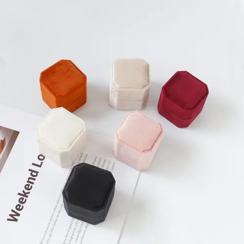 Vista 5 de Caja de terciopelo con 2 ranuras para joyería, caja de compromiso, boda, caja de recuerdo, anillo de foto nupcial, octágono de doble ranura