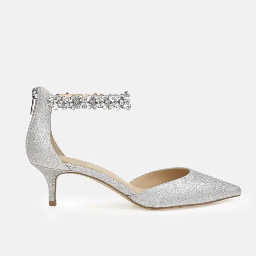 Vista 4 de Guayonng Zapatos de tacón bajo con diamantes de imitación de boda para mujer, zapatos de noche para novia nupcial