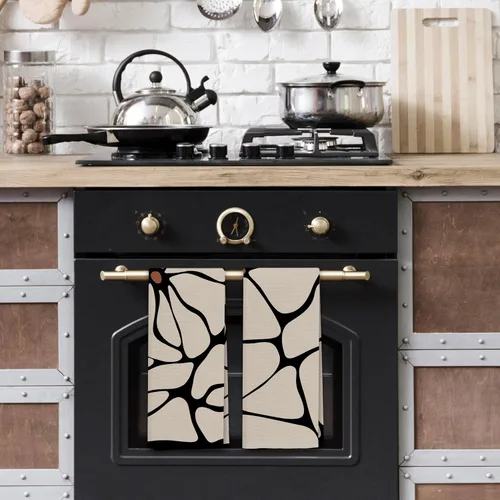Vista 3 de Juego de 2 toallas de cocina retro boho floral, toallas de mano beige y negro para baño, toallas de cocina botánicas, decoración de cocina