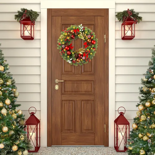 Vista 4 de Sggvecsy Corona de Navidad Artificial de 17 Pulgadas para Puerta Principal con 20 Luces LED Agujas de Pino Bolas de Navidad Bayas Rojas Blancas