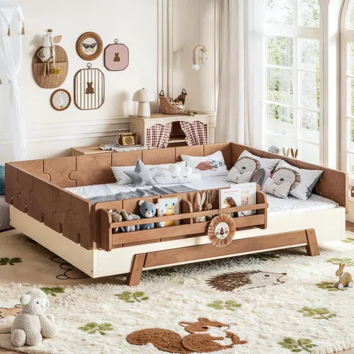 Vista 11 de Cama Montessori de tamaño matrimonial con estantería y valla, natural