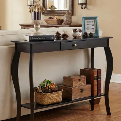 Vista 3 de ChooChoo Mesa consola estrecha con cajón, elegante mesa de sofá, mesa de entrada, color negro
