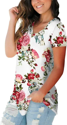 Vista 2 de SAMPEEL - Blusas de verano para mujer, camisetas florales de manga corta, con cuello en V