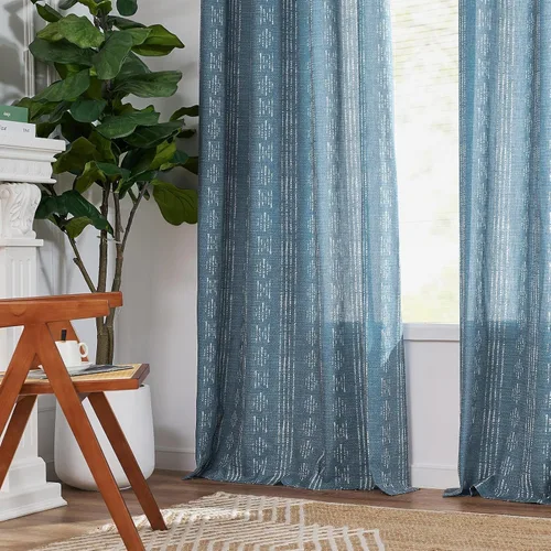 Vista 8 de Vangao Cortinas bohemias con estampado de rayas azules, cortinas de granja de 96 pulgadas de largo, 2 paneles de cortinas de mezcla de lino