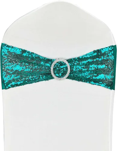 Vista 24 de Bandas para Sillas con Lentejuelas Elásticas Lazos de Spandex Poliéster para Fiestas Hotel Bodas Banquetes Decoración - 6 Piezas Aqua