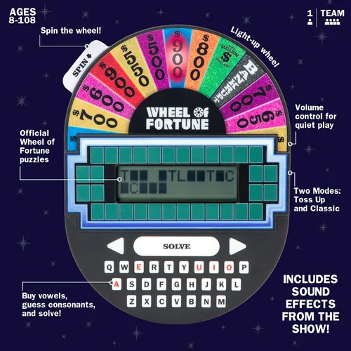 Vista 4 de Educational Insights Wheel of Fortune - Juego electrónico de mano, ideal para viajes, juegos clásicos de fiesta retro para niños, adolescentes