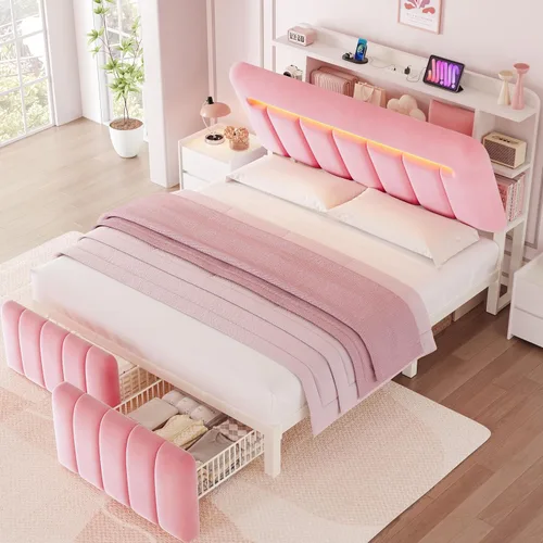 Vista 10 de Jocoevol Base de cama individual con cabecera de almacenamiento para niños, marco de cama tapizado blanco tamaño individual con cajones de Beige