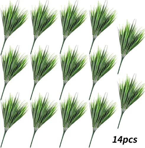 Vista 3 de 14 plantas de césped falso, plantas artificiales para exteriores, resistentes a los rayos UV, arbustos de trigo, arbustos artificiales de plástico