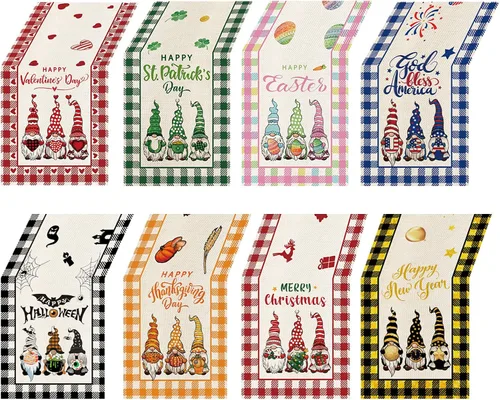 Vista 7 de 4 piezas de lindos gnomos con estampado de cuadros búfalo, camino de mesa de 72 pulgadas de largo, Hello Spring Hello Summer decoración de mesa